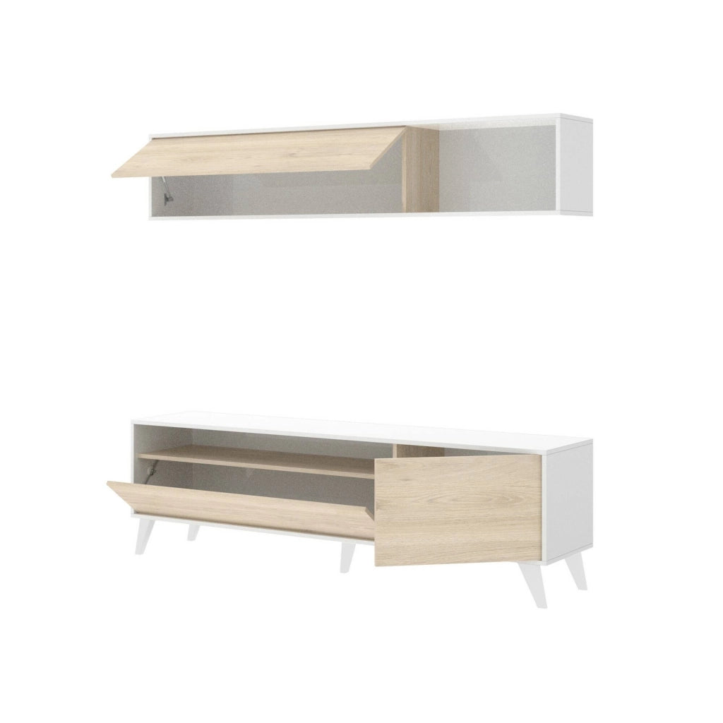 Parete attrezzata Arusha, Composizione soggiorno, Mobile salotto multiuso, Armadio porta TV, 180x41 h180 cm, Bianco e Rovere