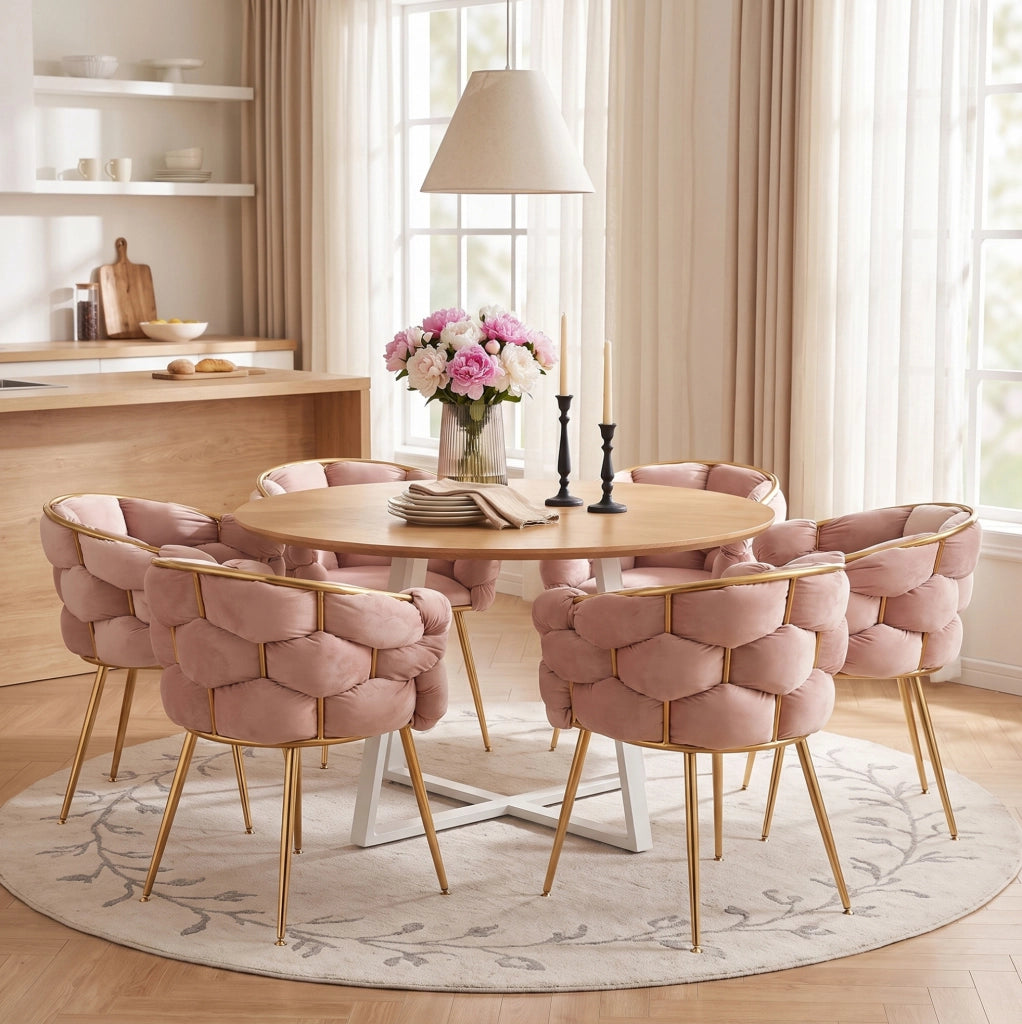 Sedia da trucco in velluto rosa con gambe in metallo dorato
