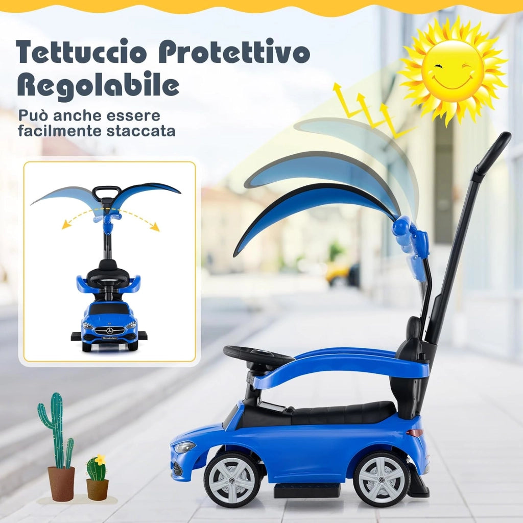 3 in 1 Auto a Spinta, Mercedes-Benz Macchina Cavalcabile, con Schienale Regolabile Suono Barra di Spinta e Tettuccio, per Bambini 18-36 Mesi (Blu)