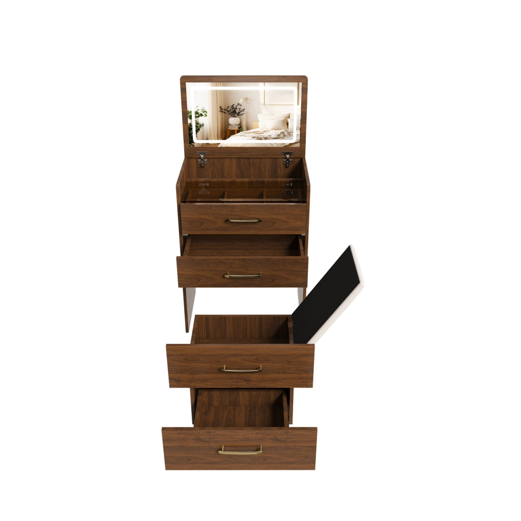 Tavolo da trucco 3 in 1 con specchio apribile, piano in vetro, 3 cassetti, colore noce, 60x40x118 cm