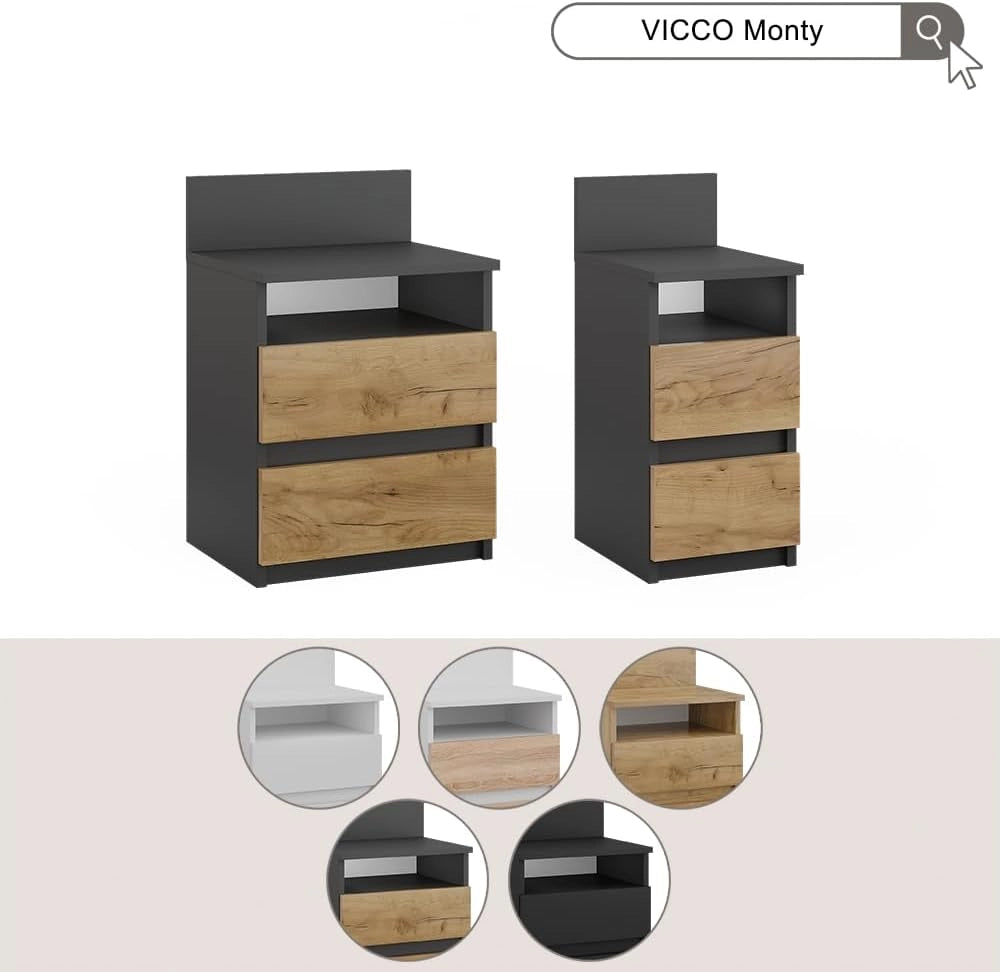 Comodino Monty, Antracite/quercia dorata, 25 x 59.1 cm Set di 2