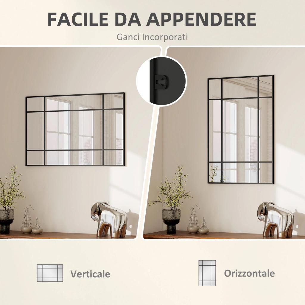 Specchio da parete stile finestra 90x60 cm nero, montaggio verticale e orizzontale per arredo casa
