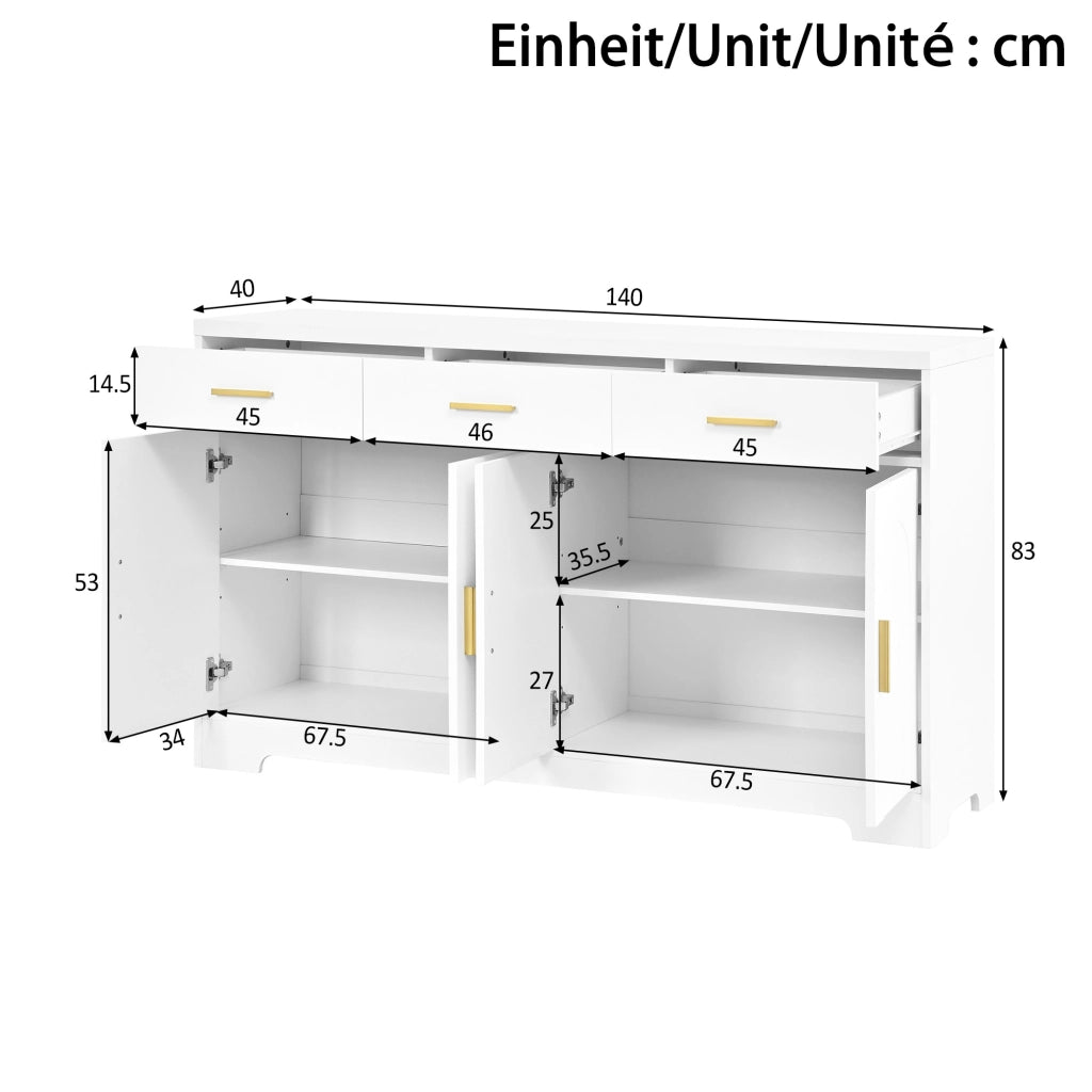 Credenza con 4 ante ad arco, 3 cassetti e ripiani regolabili, per soggiorno, in MDF bianco 140 × 40 × 83 cm