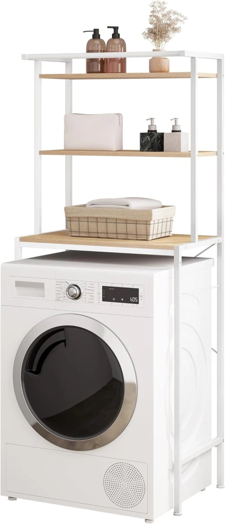 Scaffale sopra Lavatrice a 3 Livelli, Mobile sopra WC Autoportante con Asta di Sospensione, per Bagno o Lavanderia, Rovere Chiaro e Bianco, 67x40x162 cm