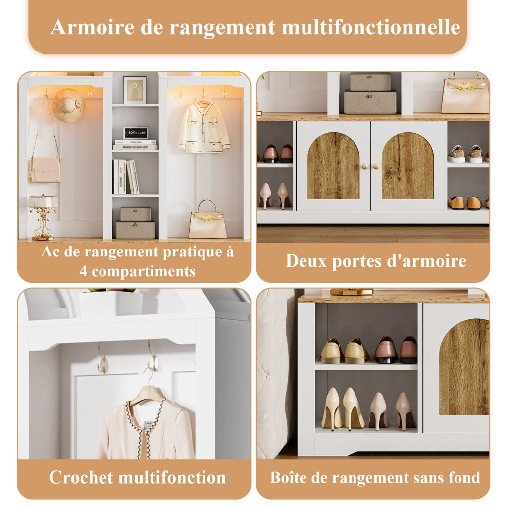 Mobile da ingresso con 2 Ante; 5 Vani; Ganci e LED per Ingresso in MDF 150 × 40 × 195 cm Bianco