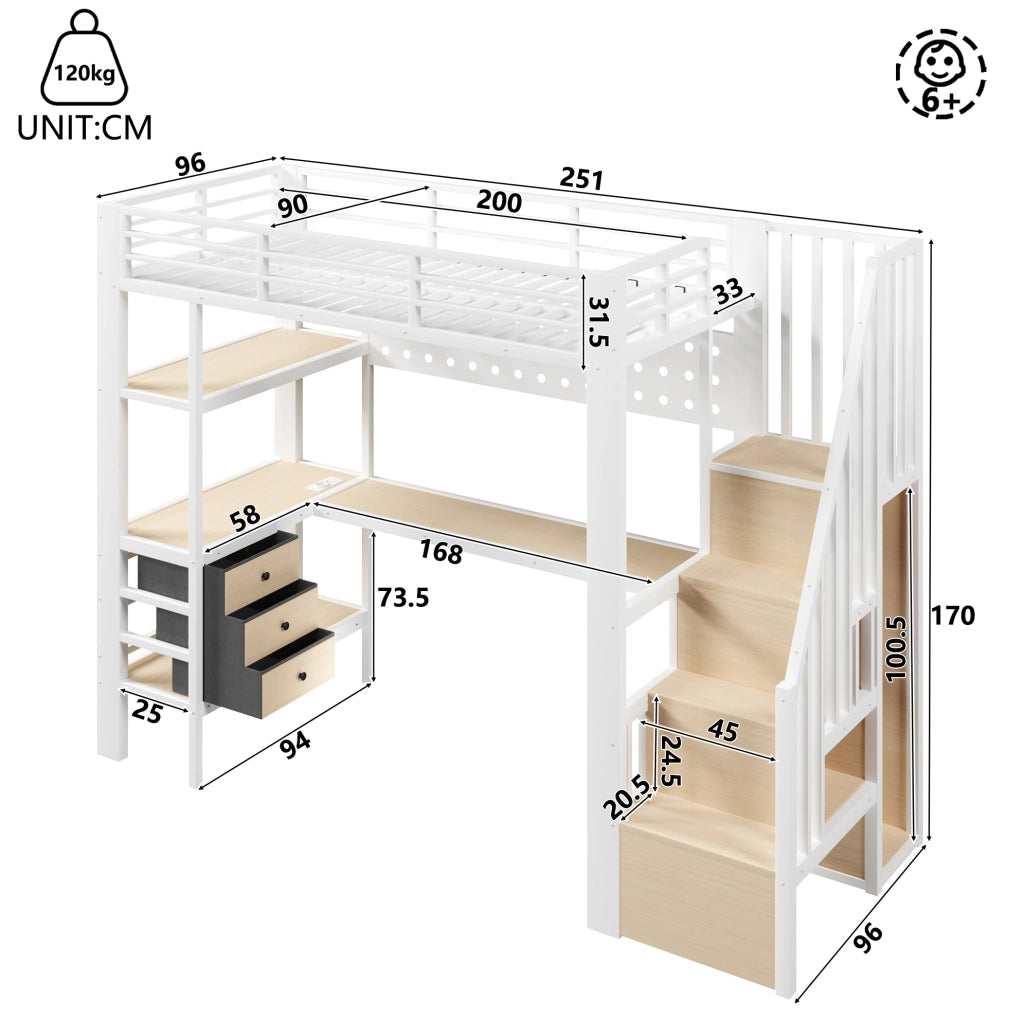 Letto a soppalco 90x200 cm con scrivania, cassetti e LED bianco HAVRYA