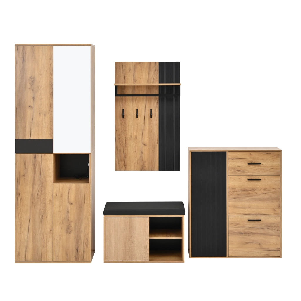 Set guardaroba da parete 4 pezzi con armadio alto, scarpiera, panca e appendiabiti, colore naturale e nero, 215 x 36 x 190 cm