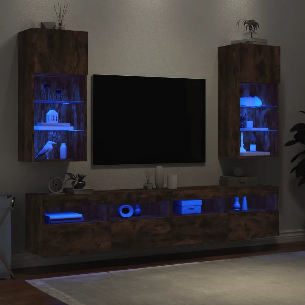 Mobili Porta TV con Luci LED 2 pz Rovere Fumo 40,5x30x90 cm 837052