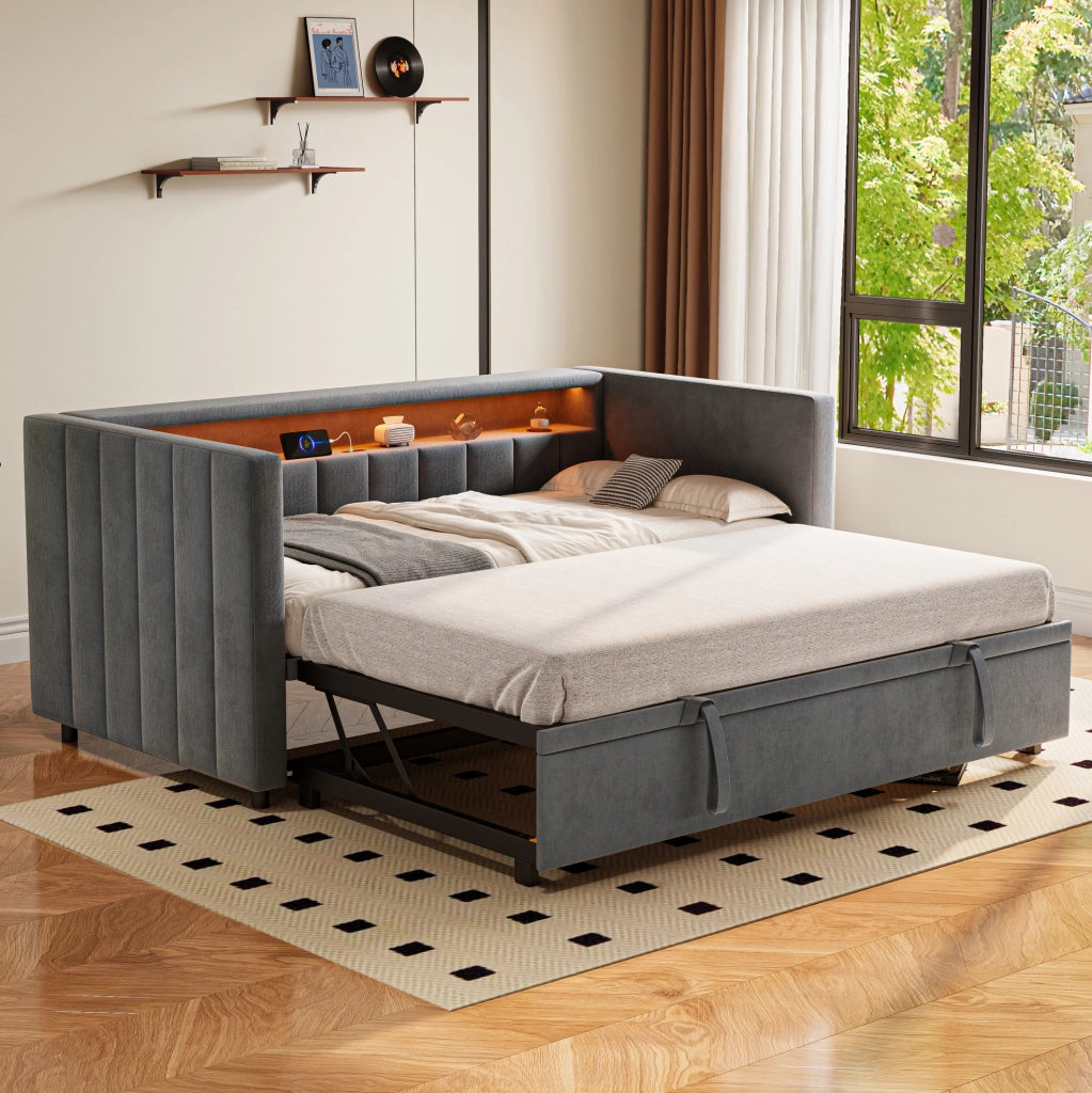 DIVANO LETTO Estraibile 90x190 cm Velluto Grigio Scuro con LED e USB-Type-C