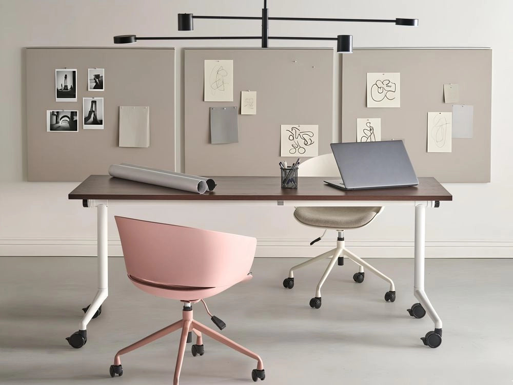 Scrivania rettangolare pieghevole con rotelle portatile con struttura in metallo marrone scuro e bianco 180 x 60 cm stile moderno