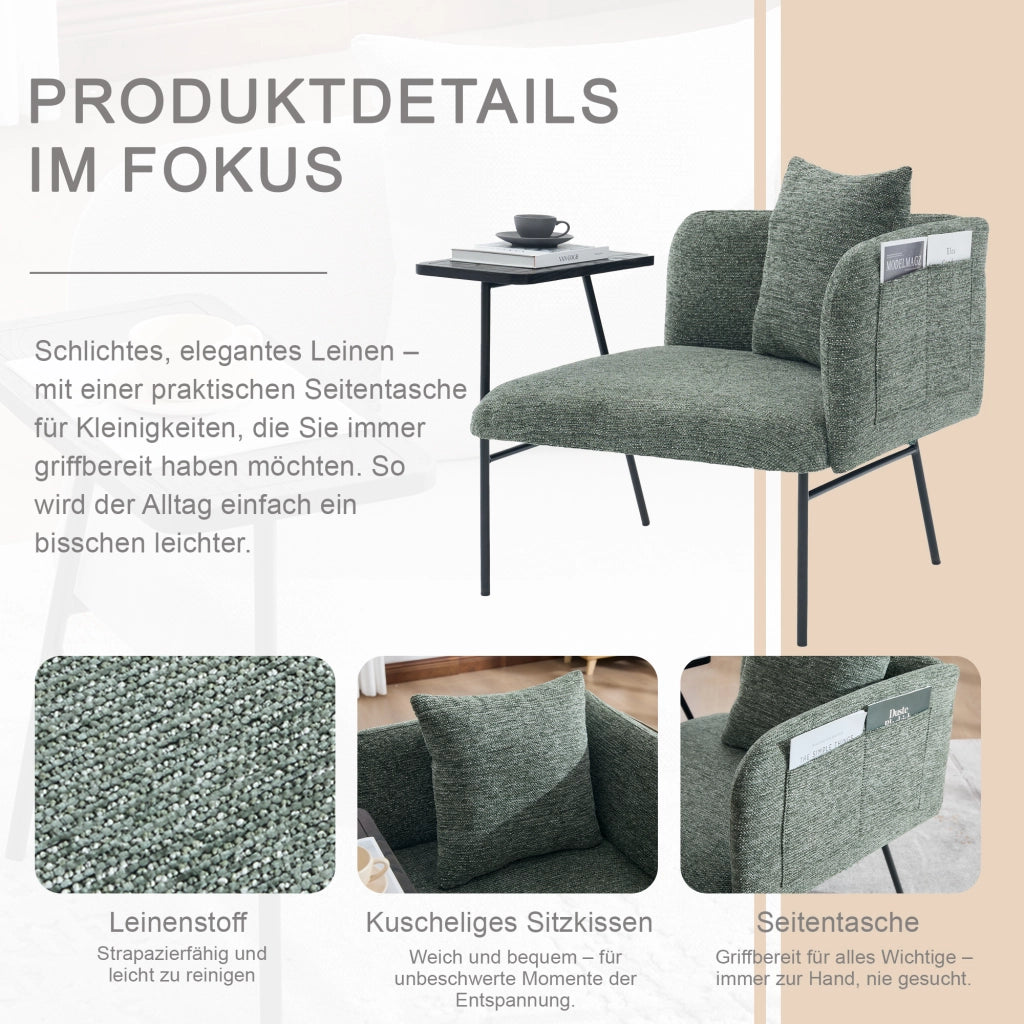 Poltrona con tavolino laterale e tasche laterali; seduta confortevole in chenille; verde smeraldo