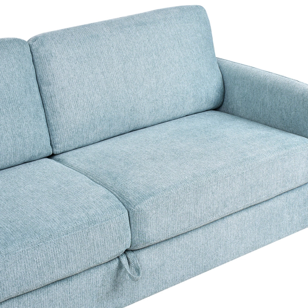 Divano a 3 posti rivestito in tessuto azzurro con poggiabraccia stile moderno soggiorno