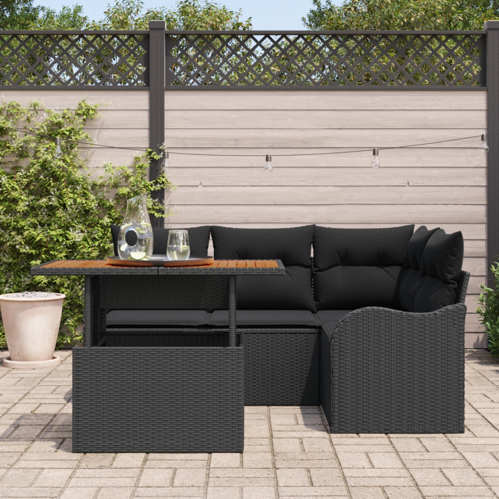 Set Divano da Giardino di 5 Pezzi con Cuscini Nero Rattan