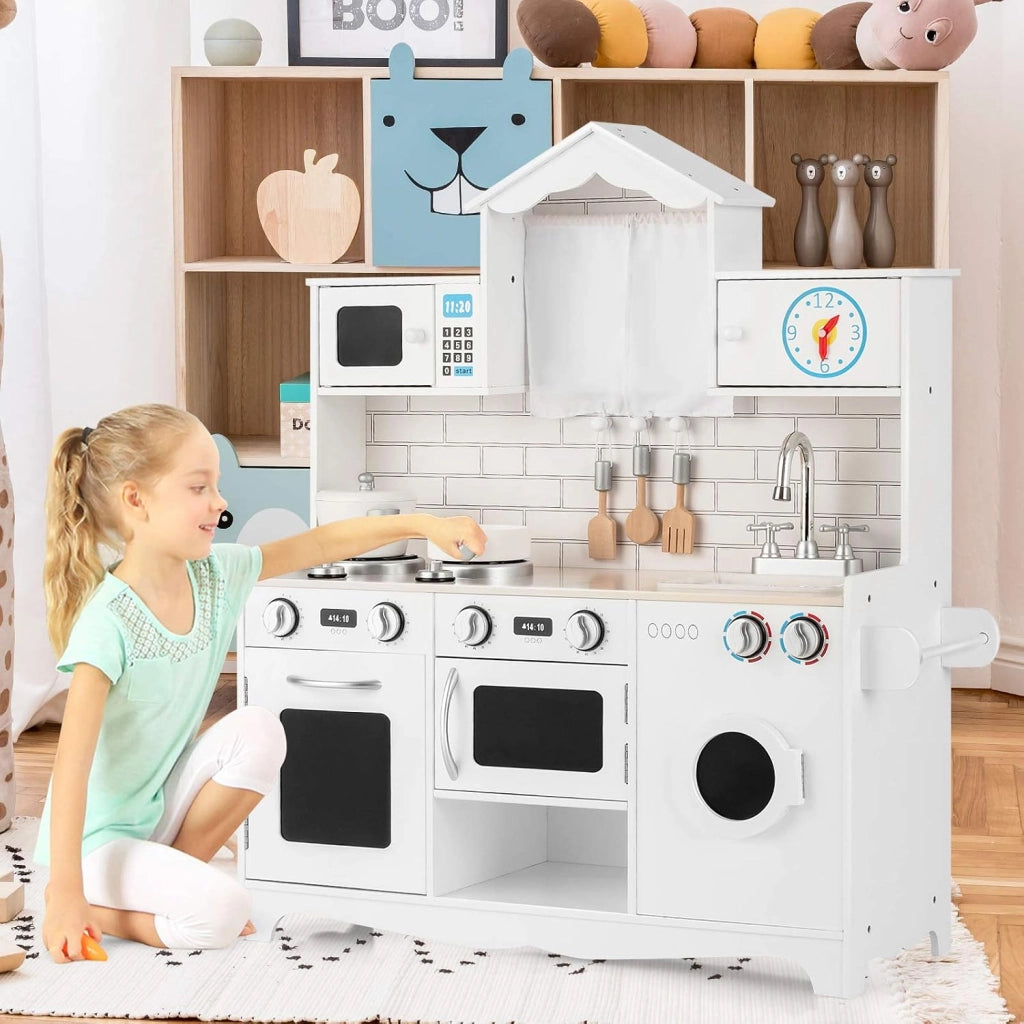 Cucina Giocattolo per Bambini, Cucina Legno per Bambini con Lavatrice, Piano, Cottura Forno e Microonde, 3 Anni+, Bianco