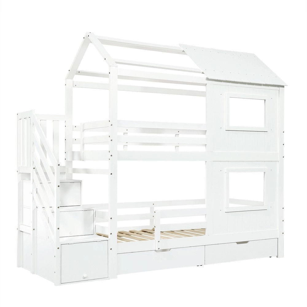 Letto a Castello Bambini con Scala e Cassetti ¨C Xylo ¨C Pino/MDF, Bianco, 90x200