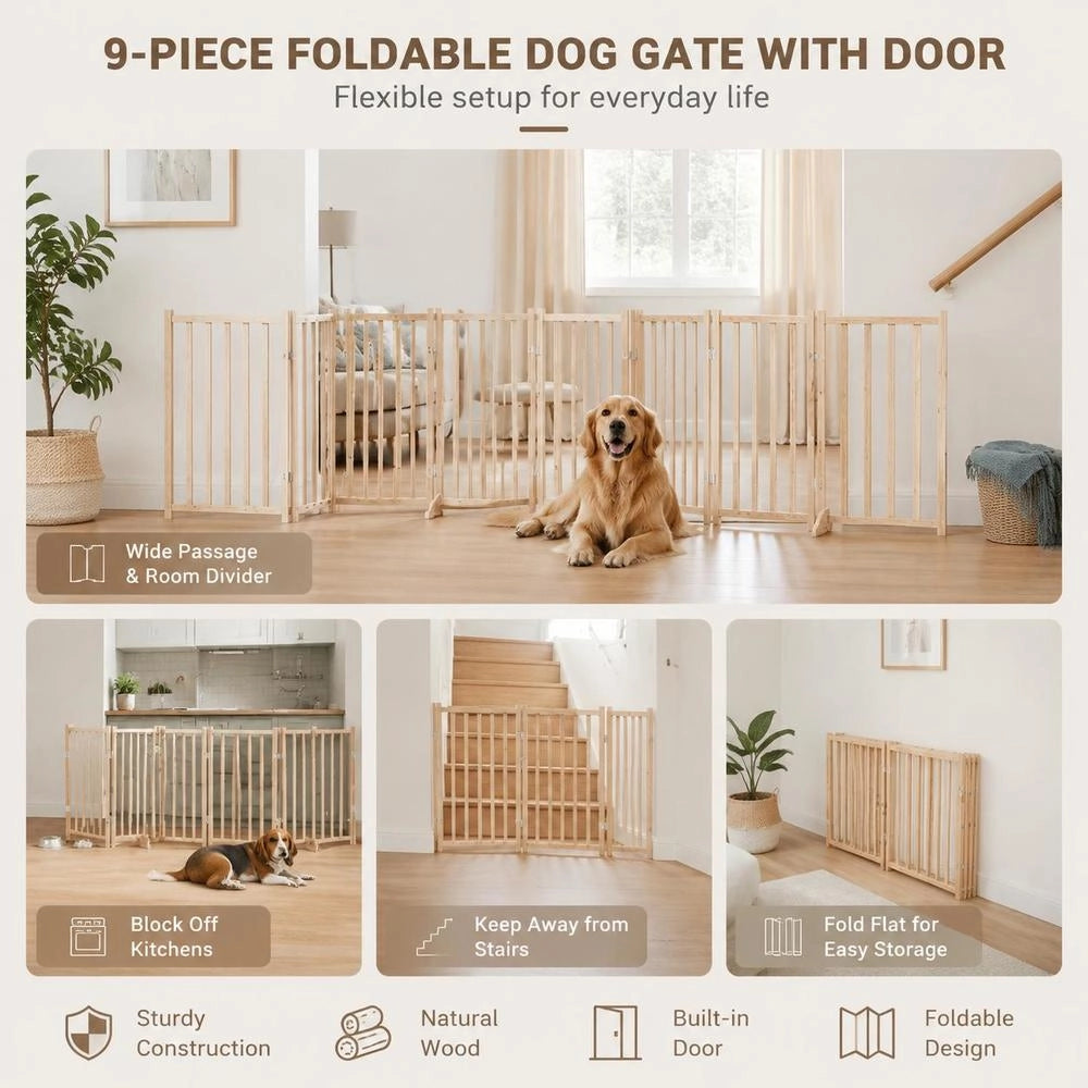 9-piece Dog Gate With Door, Foldable, 450 Cm, Poplar Wood