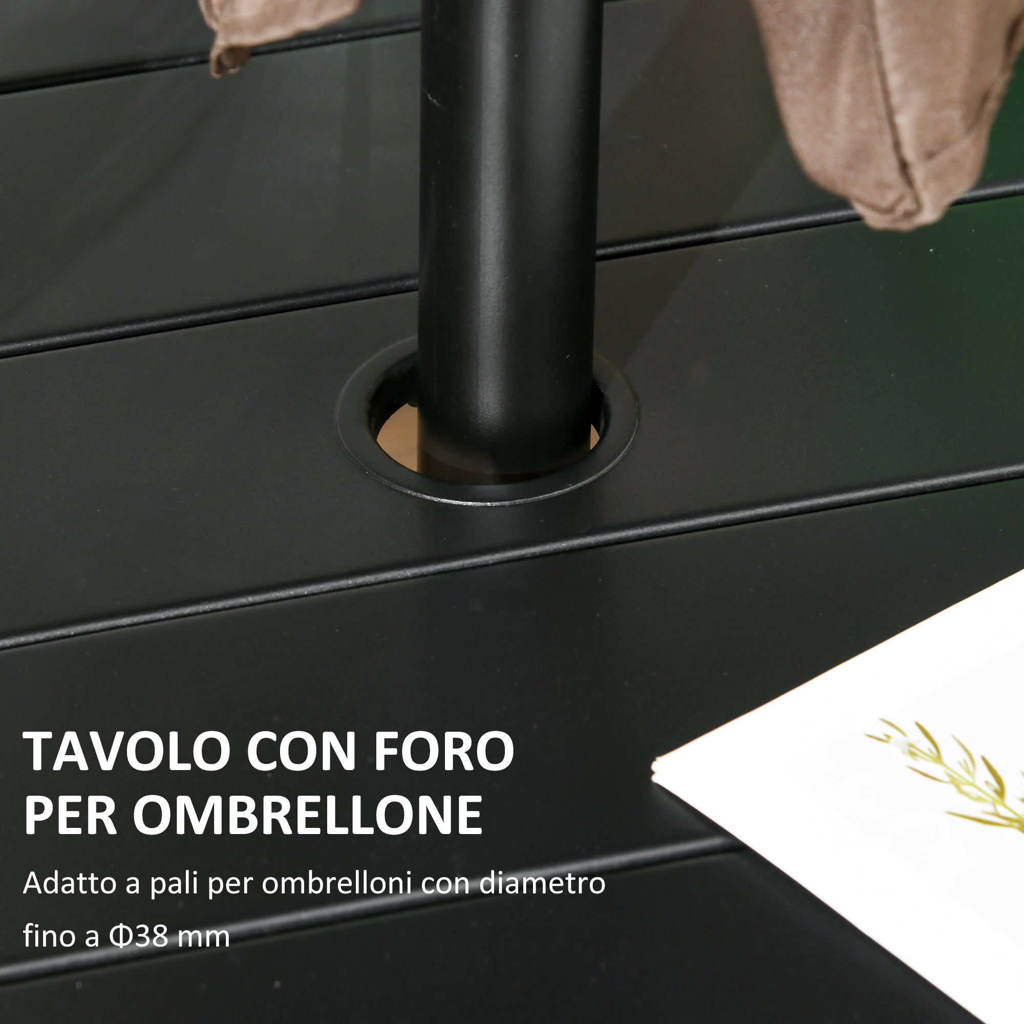 Tavolo da Giardino Rotondo per 4 Persone Ø115x72cm con Foro per Ombrellone e Doghe in Metallo Nero