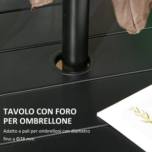 Tavolo da Giardino Rotondo per 4 Persone Ø115x72cm con Foro per Ombrellone e Doghe in Metallo Nero