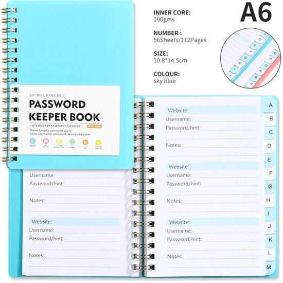 Libretto delle password - Libretto delle password per siti web - con etichette di indice alfabetico - Libretto di gestione delle password - A6 - Blu - Per siti web, indirizzi, contatti, ecc.