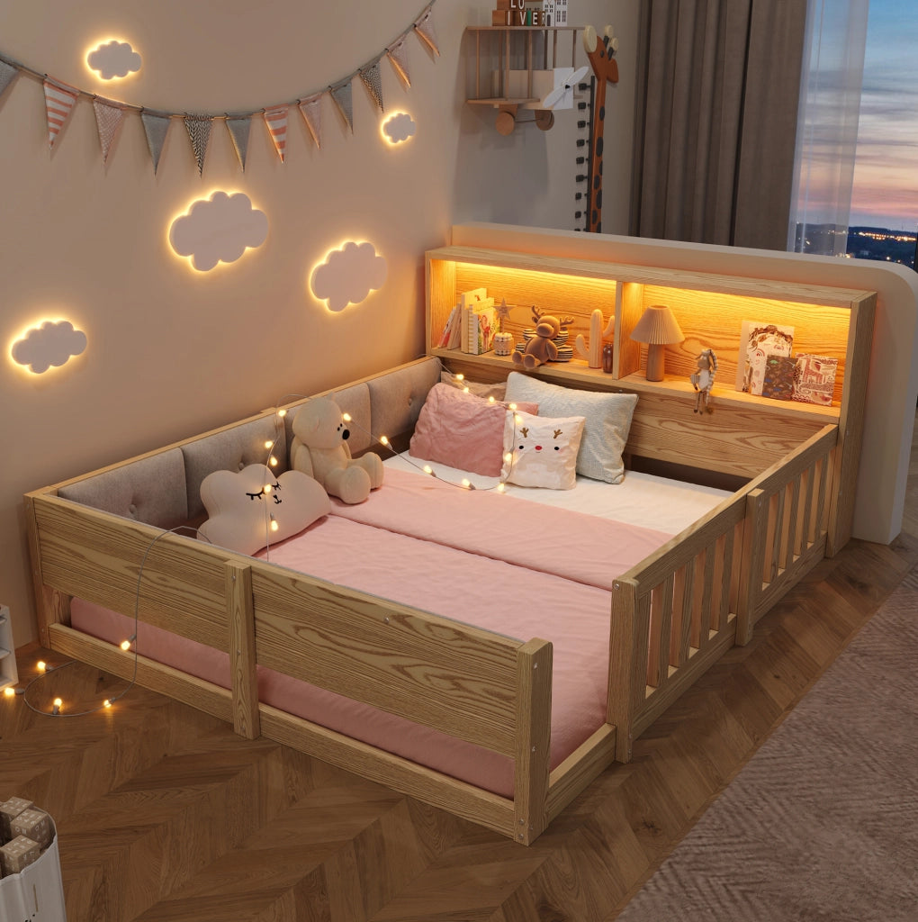 Letto per bambini 140x200 cm con sponde; testiera con contenitore e LED; naturale