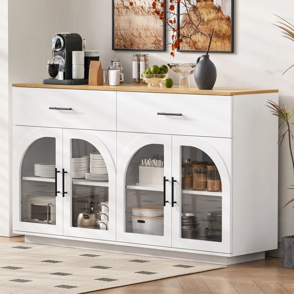 Buffet Cucina con LED, 2 Cassetti e 4 Ante, Ripiani Interni, 147x40x86 cm, Bianco