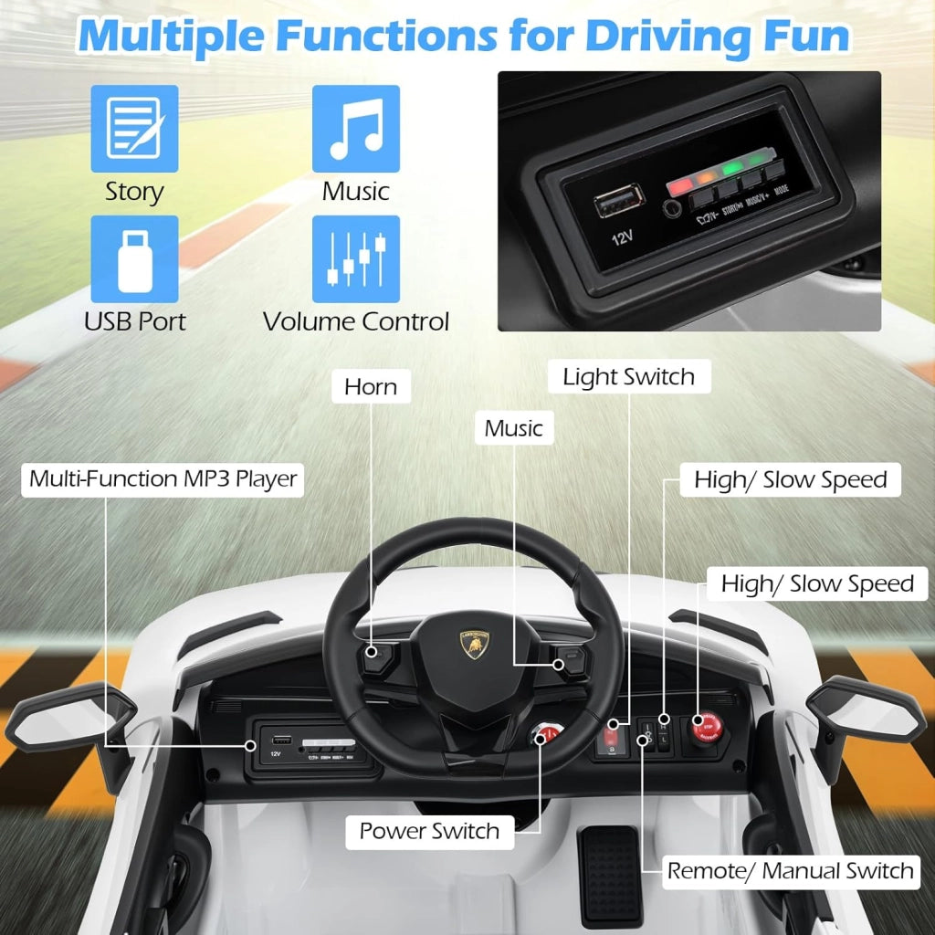 Macchina Elettrica per Bambini Lamborghini SVJ 12V con Telecomando, Auto Elettrico a Pedale e Luci LED, Veicoli con Musica, MP3, Clacson e USB, Carico 30 kg, 3-8 Anni (Bianco)