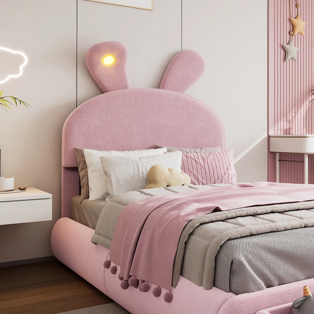 Letto Contenitore 140 x 200 cm; Letto Matrimoniale - LED Regolabile e 2 Pouf - Rosa