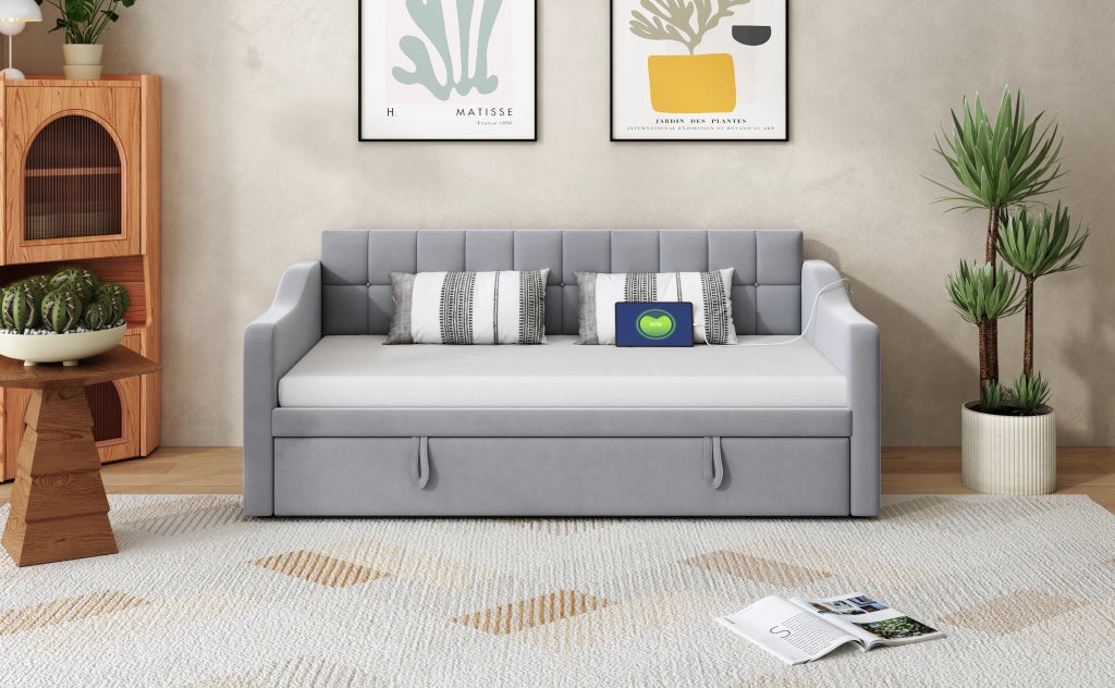 Letto divano 2 in 1 imbottito velluto grigio chiaro 90x190 cm
