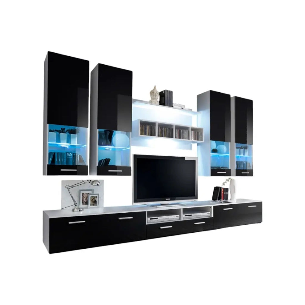 Composizione di mobili per TV design della collezione SAGA. Colori bianco e nero.