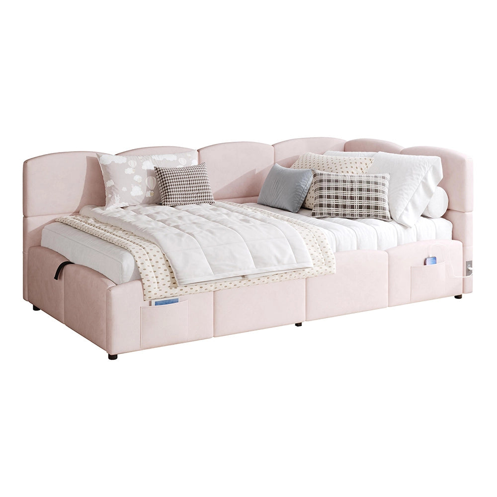 Letto Singolo Divano 90x200cm - Xylo - con Rete, USB, Velluto Rosa