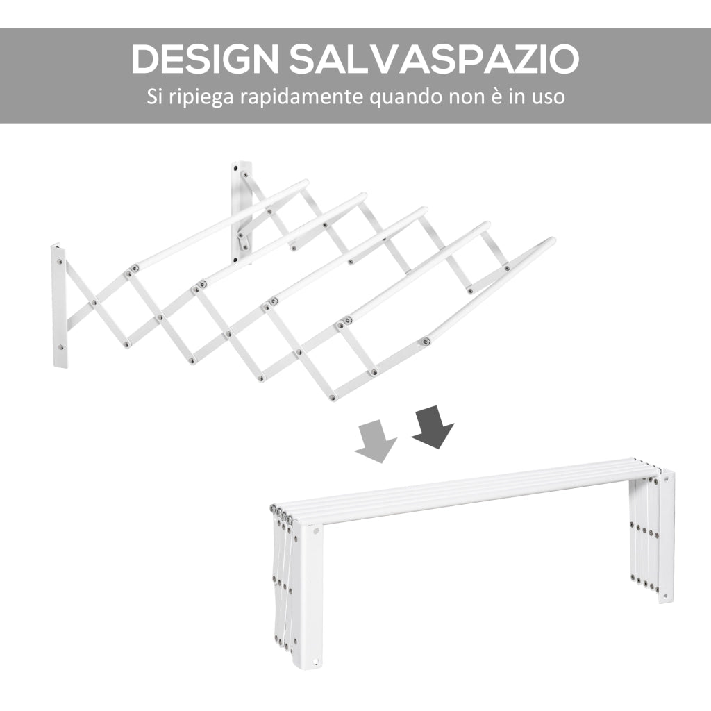 Stendibiancheria a Parete Retrattile 63,5x60x20 cm per Interni ed Esterni in Metallo Bianco