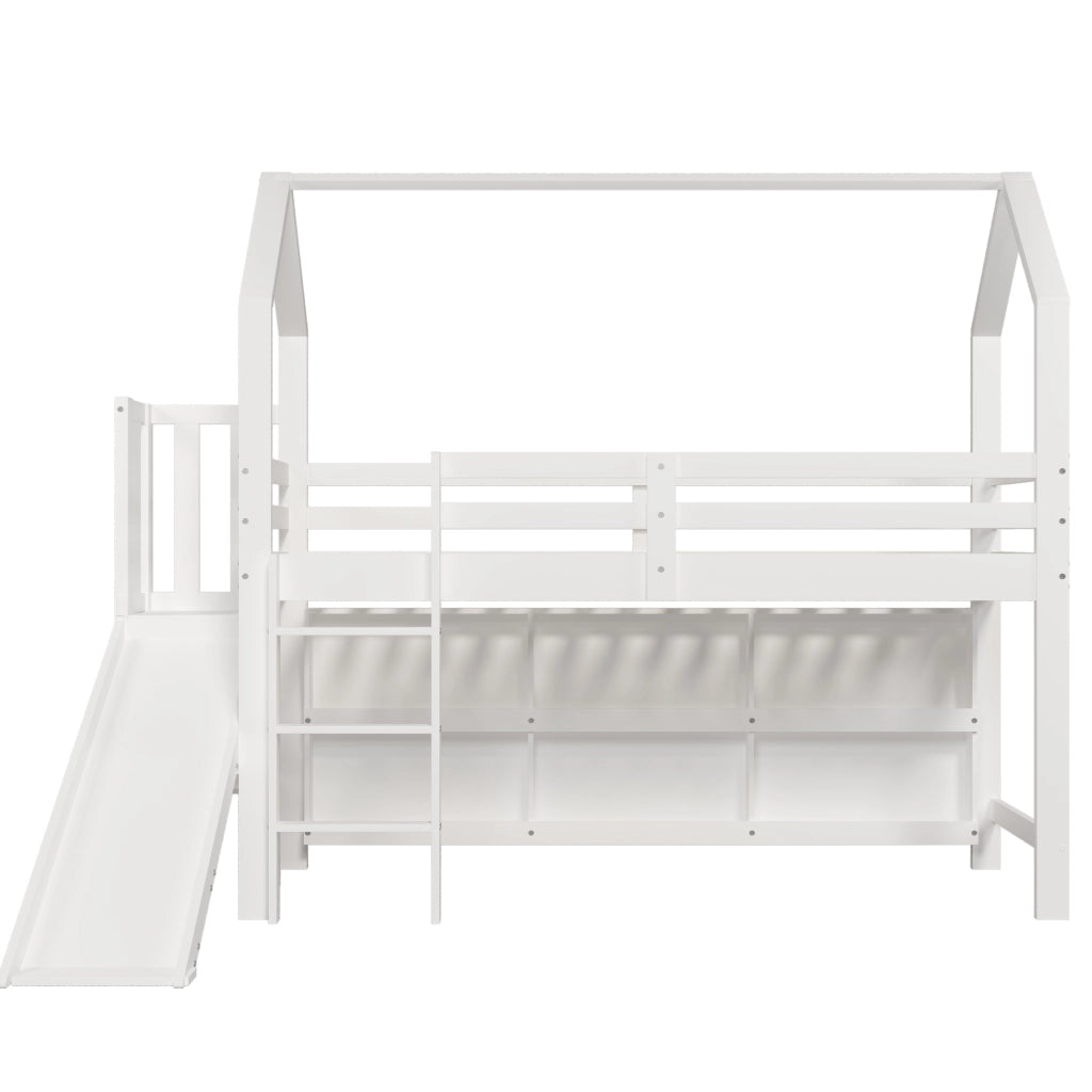 OKWISH Letto Bambino 90×200 cm, Letto Singolo con Scivolo, Scala, 6 Armadietti Contenitore e Mensola, senza Materasso, Bianco