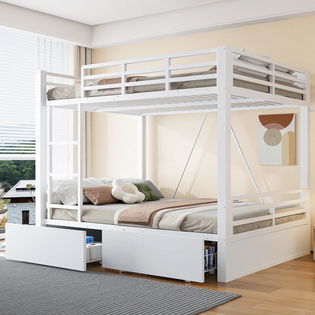 Letto a castello in metallo 140x200 cm con cassetti, scala e sponde di sicurezza, bianco