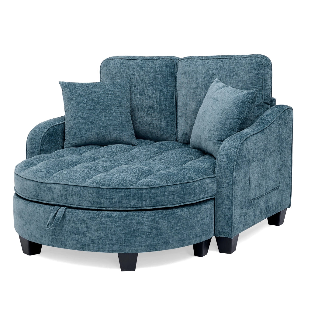 Divano letto 2-in-1 con pouf contenitore 132x129x93 cm; legno di eucalipto blu