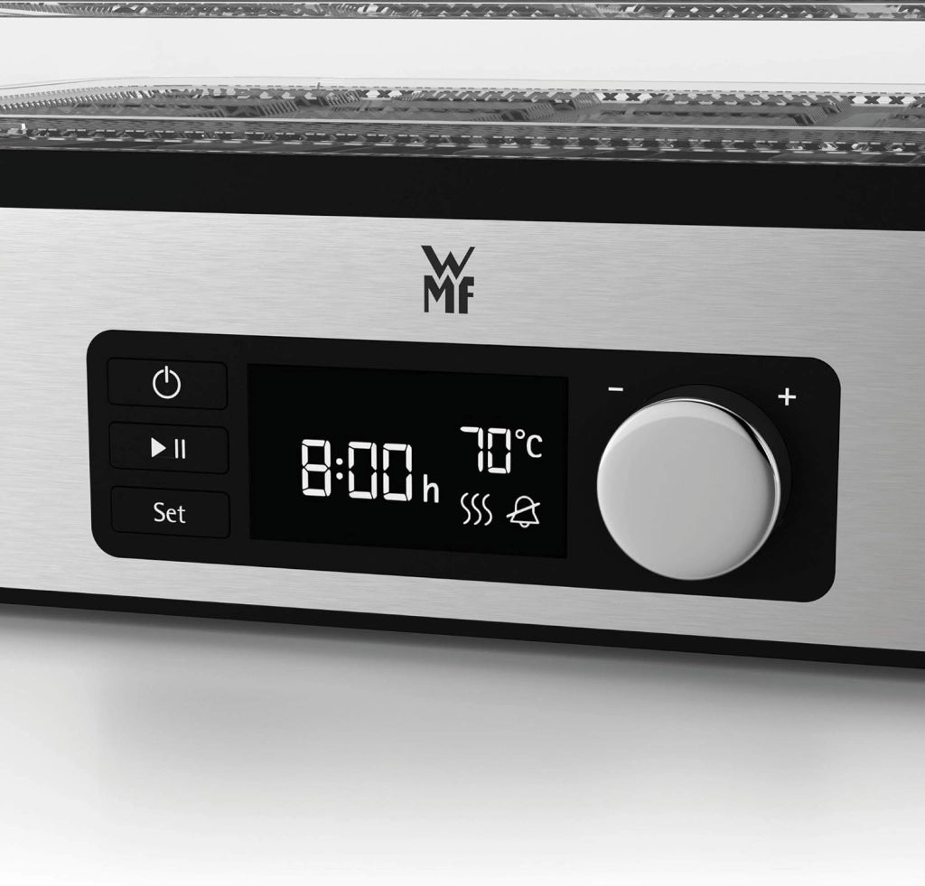 WMF KitchenMinis Essiccatore Compatto Snack to Go, in Acciaio Cromargan con 5 Griglie di Essicazione in Tritan, Sistema Silenzioso, Essicatore con Display LCD e Timer Programmabile, Dim. 28 x19x21 cm