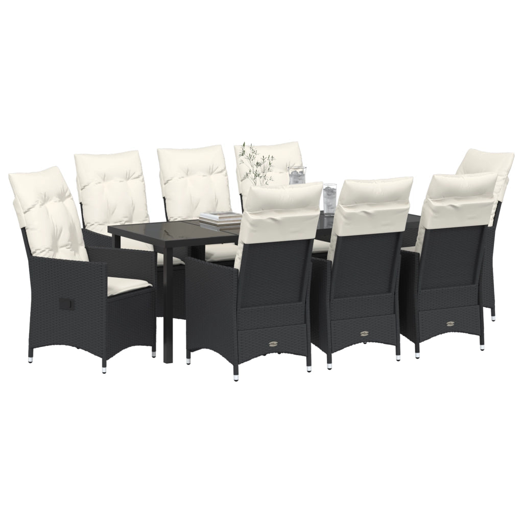 Set da Pranzo da Giardino 9 Pezzi con Cuscini Rattan Polipropilene Nero