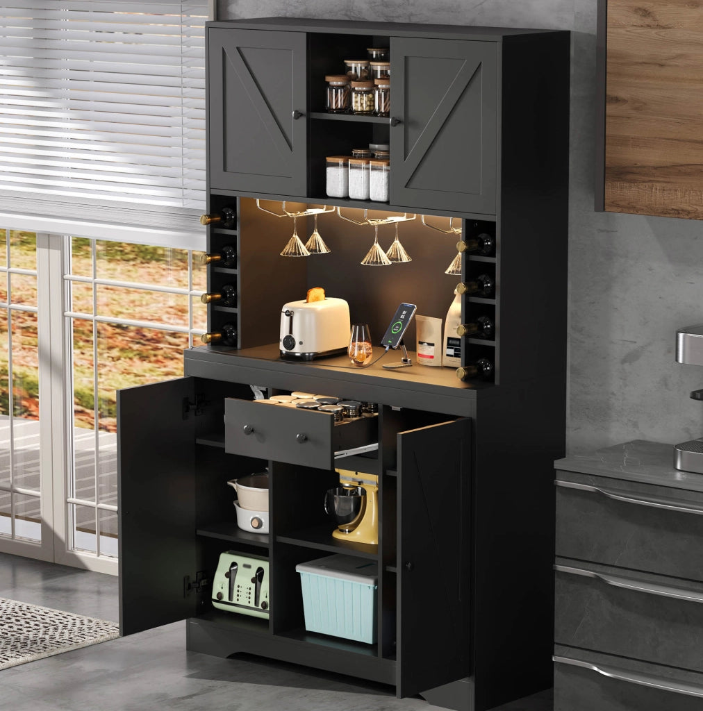 Buffet da cucina alto 180x105x40 cm nero in truciolare con LED; prese e portabicchieri