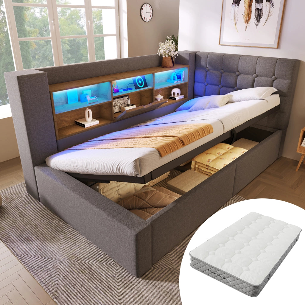 LETTO contenitore 90x200 cm in lino grigio con LED e materasso incluso