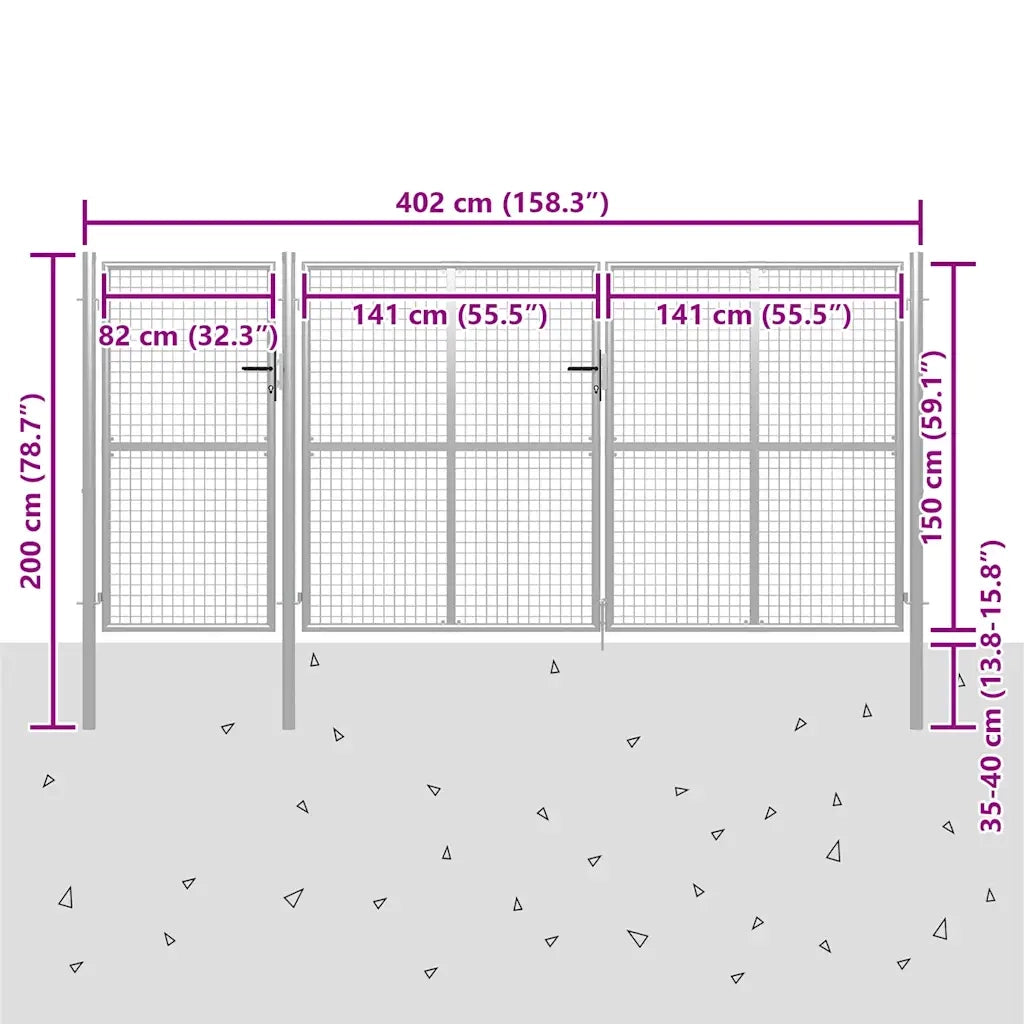 Cancello per Giardino in Acciaio 400x150 cm Argento