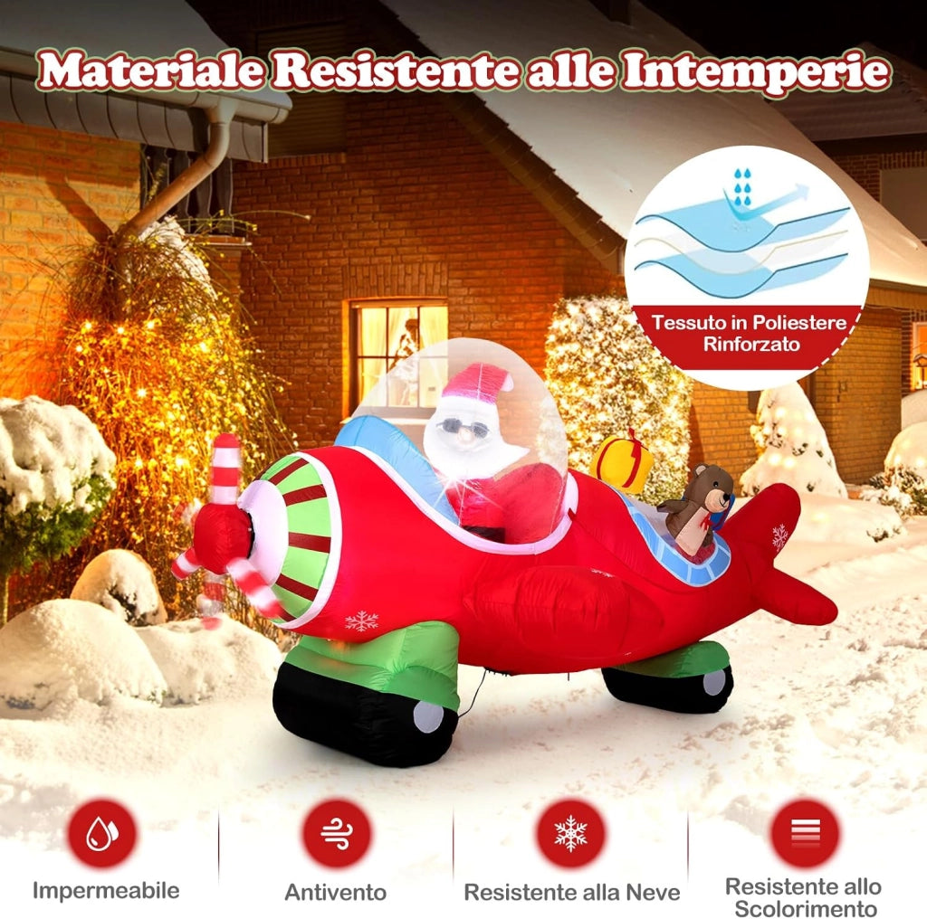 Babbo Natale Gonfiabile su Aereo 120 cm, Decorazione Natalizia da Esterno con Orsetto, Scatole Regalo e Luci LED, Decorazione Gonfiabile Invernale per Festa, per Giardino, Cortile e Casa