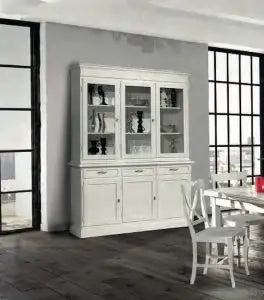 Credenza cristalliera in legno 3 ante mod Martini Shabby chic bianco anticato con maniglie infinito argento anticato