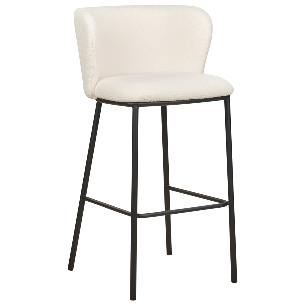Set di 2 sedie da bar Rivestimento in bouclé bianco Gambe in metallo nero Sgabelli senza braccioli Schienale curvo Sala da pranzo moderna Cucina