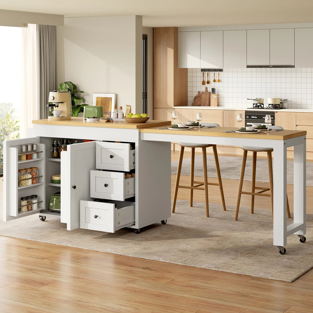 ISOLA CUCINA ESTENSIBILE 116-179,5 cm CON 3 CASSETTI BIANCA SU RUOTE