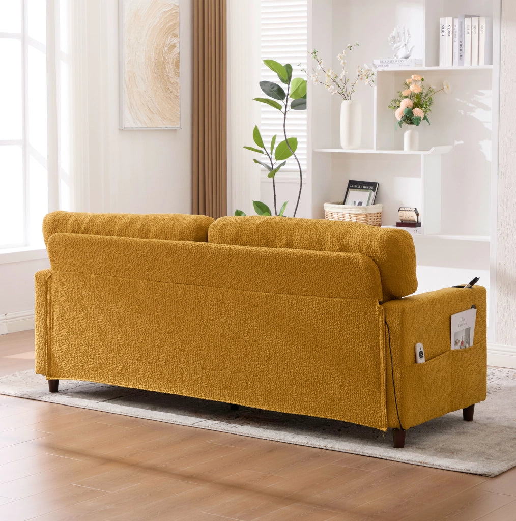 Divano a 2 posti 203x77.5x86 cm con USB-C; LED e portabicchieri in chenille giallo senape