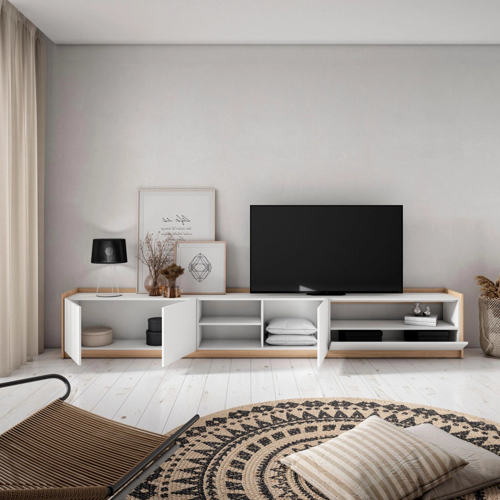 Mobile TV Soggiorno, 310x50x37 cm, Per TV fino a 80", Mobile Soggiorno, Bianco e Rovere soft