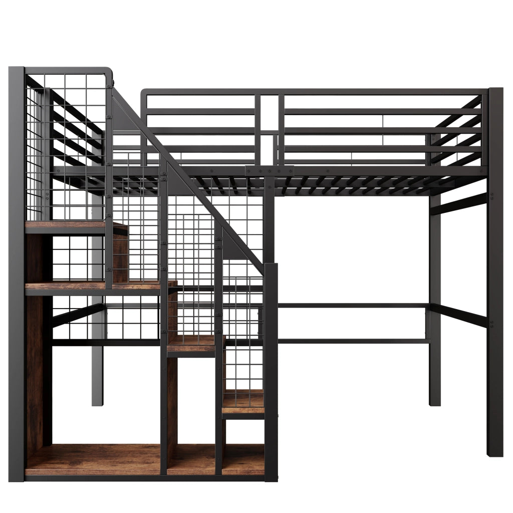 Letto a soppalco singolo 140 × 200 cm con scala, contenitore integrato e barriera, senza materasso, metallo nero