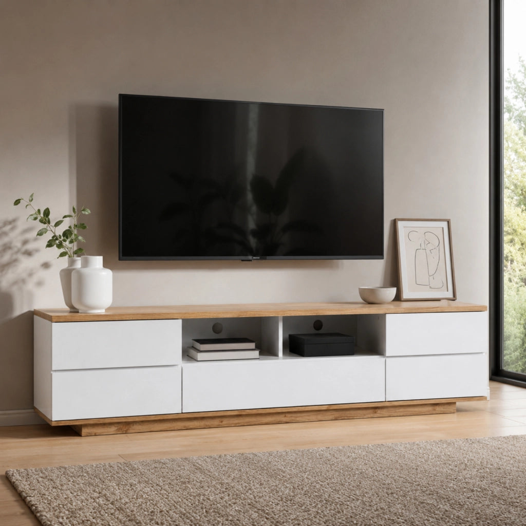 Mobile Tv Moderno Con 4 Ante 1 Anta A Ribalta 2 Vani A Giorno Con Passacavi Per Soggiorno Zona Living Salotto In MDF Resistente 180 x 38 x 46 Cm Bianco E Rovere
