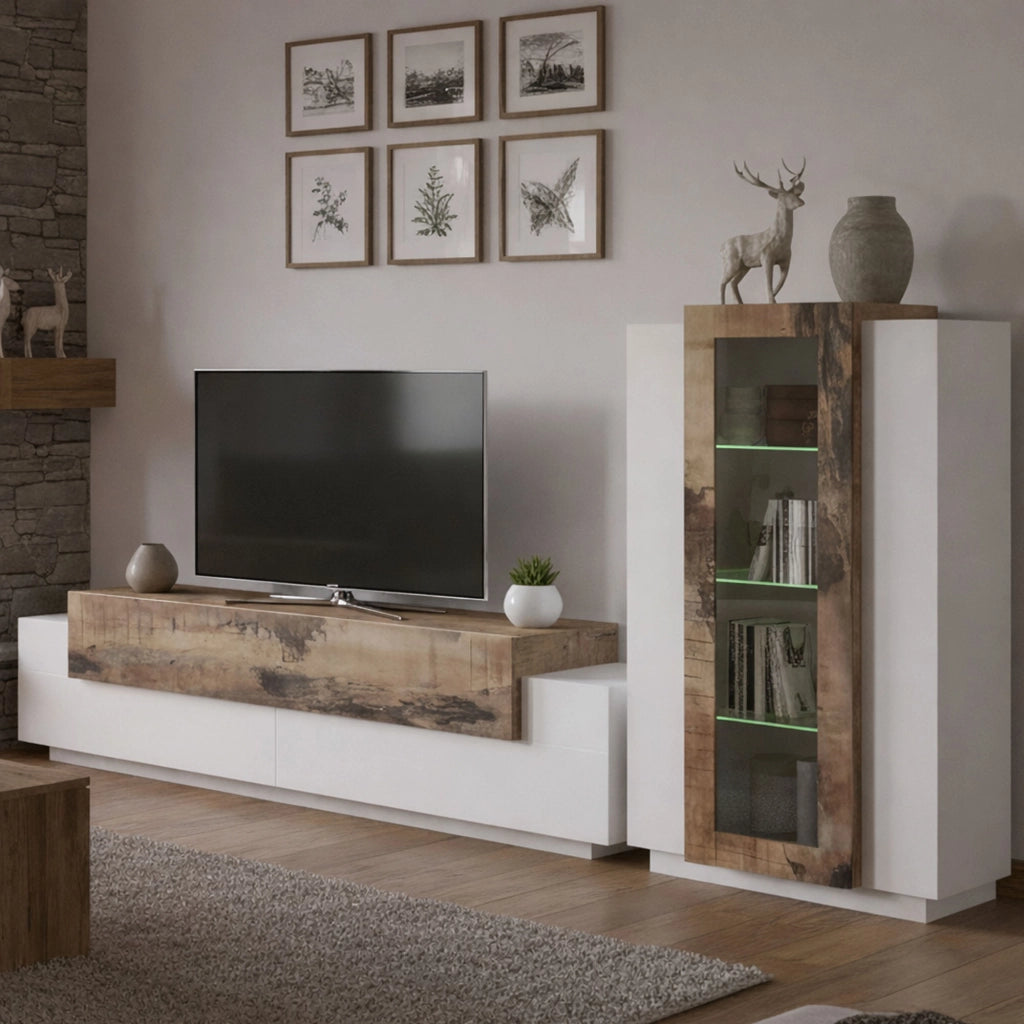 Parete attrezzata da soggiorno Anisia, Made in Italy, Porta TV a luce LED bianca, Set salotto moderno, cm 290x45h121, Bianco lucido e Acero