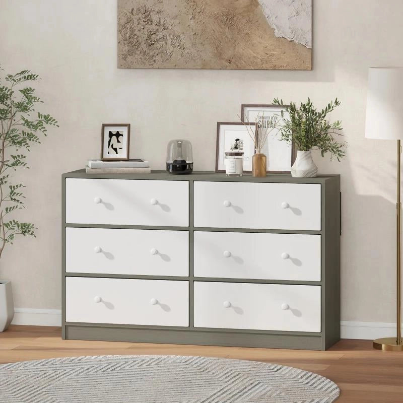 CASSETTIERA 6 CASSETTI PIEGHEVOLI CON MANIGLIE DOPPIE, IN LEGNO, ACCIAIO E TESSUTO, 114X30X70 CM, BIANCO E GRIGIO