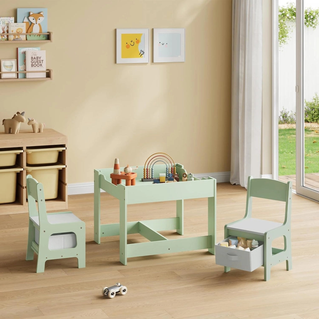 Set da Tavolino e Sedie per Bambini, Tavolo Bambini con 2 Sedie, Lavagna Reversibile, con Scomparto Nascosto e Scatole, per Cameretta, Asilo, Legno, Verde + Bianco